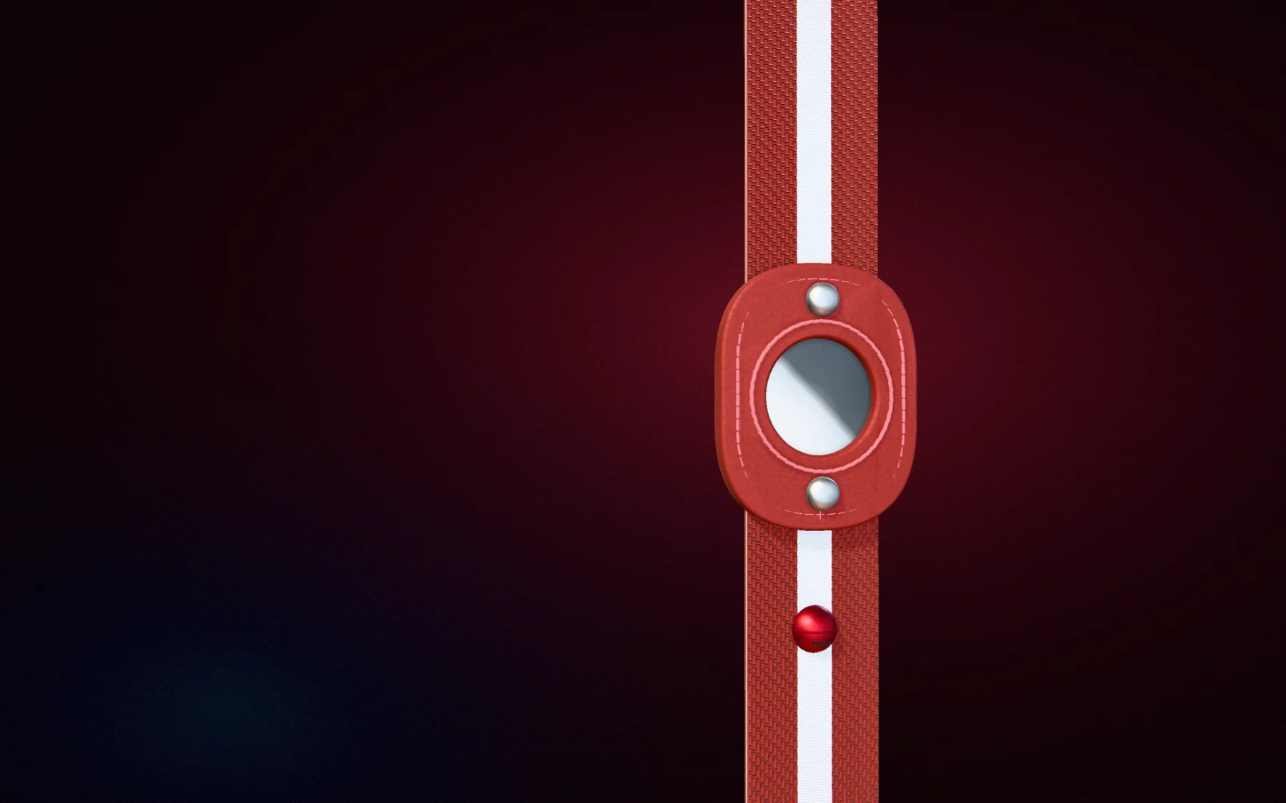 The Pawway collar: reflective red webbing with a round leather tracker holder riveted to it, and a bell below.