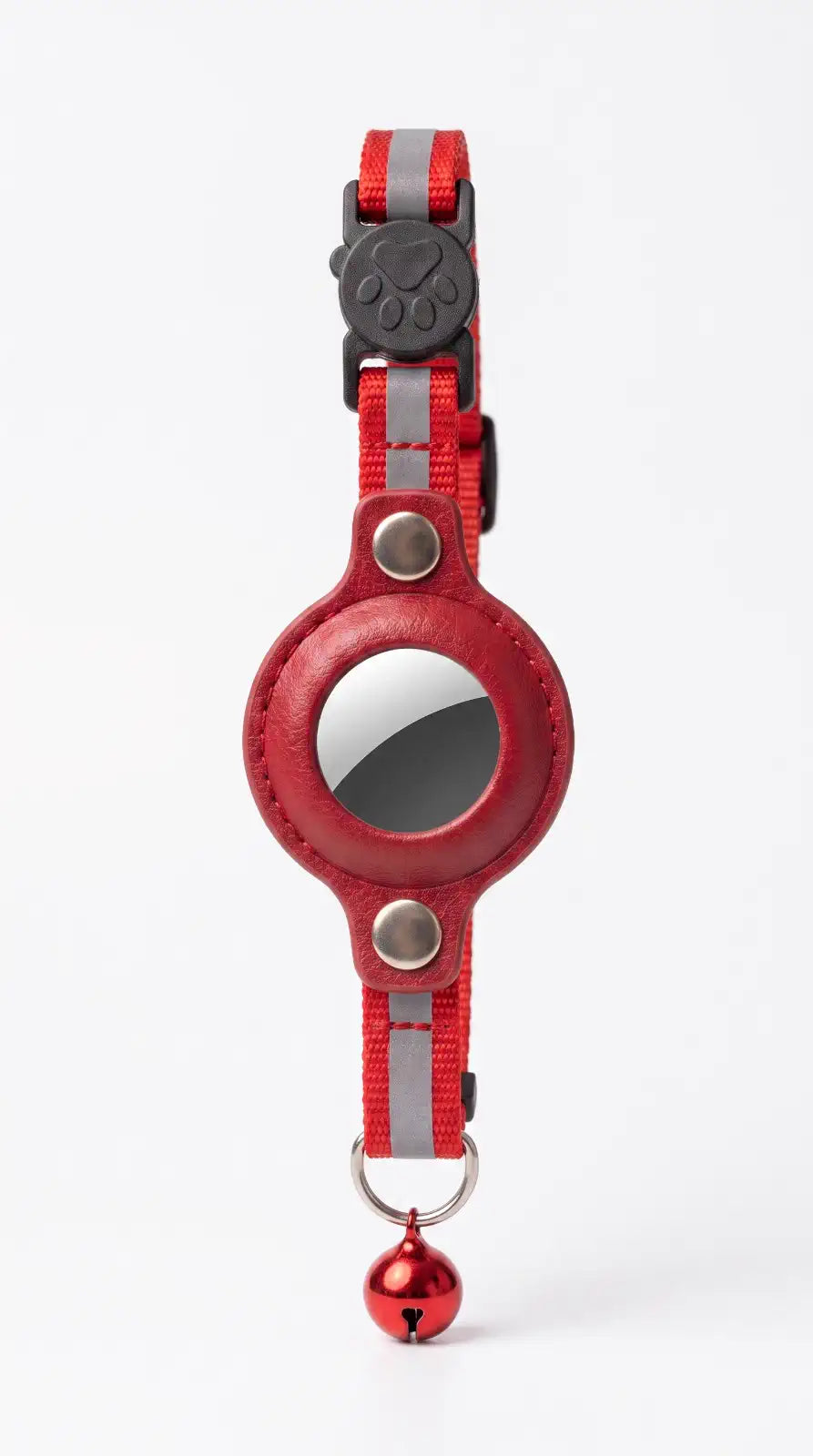 The Pawway collar laid flat: red reflective webbing, a paw-print side-release buckle, a round leather holder riveted on with two steel studs showing the tracker face, and a bell on a D-ring below.