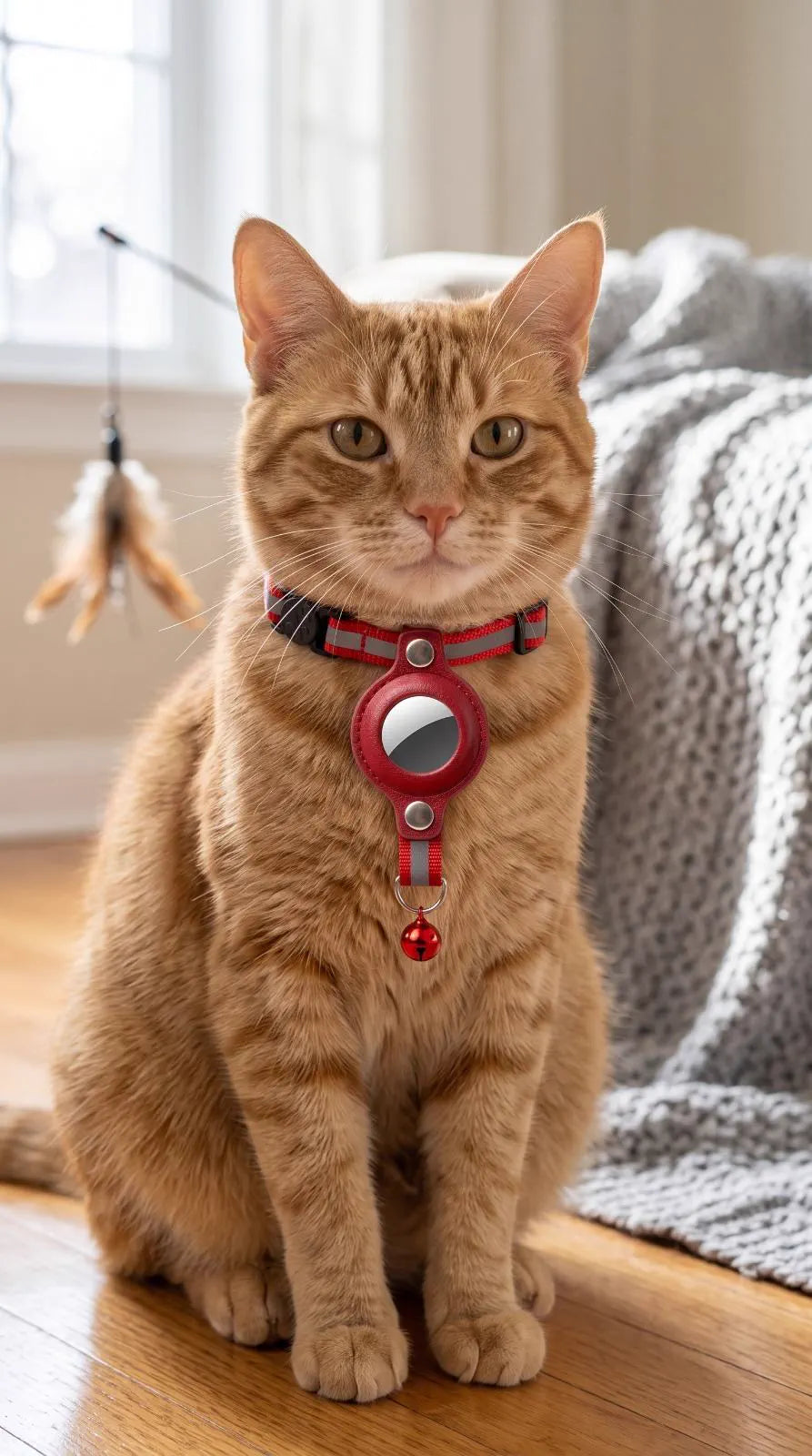 A ginger cat sitting indoors wearing the red Pawway collar, the round leather holder at the front of its throat and the bell hanging below on the D-ring.