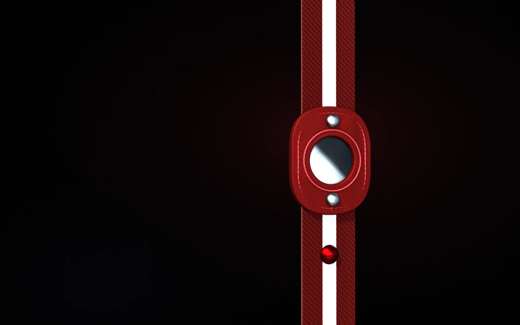 The Pawway collar: reflective red webbing with a round leather tracker holder riveted to it, and a bell below.