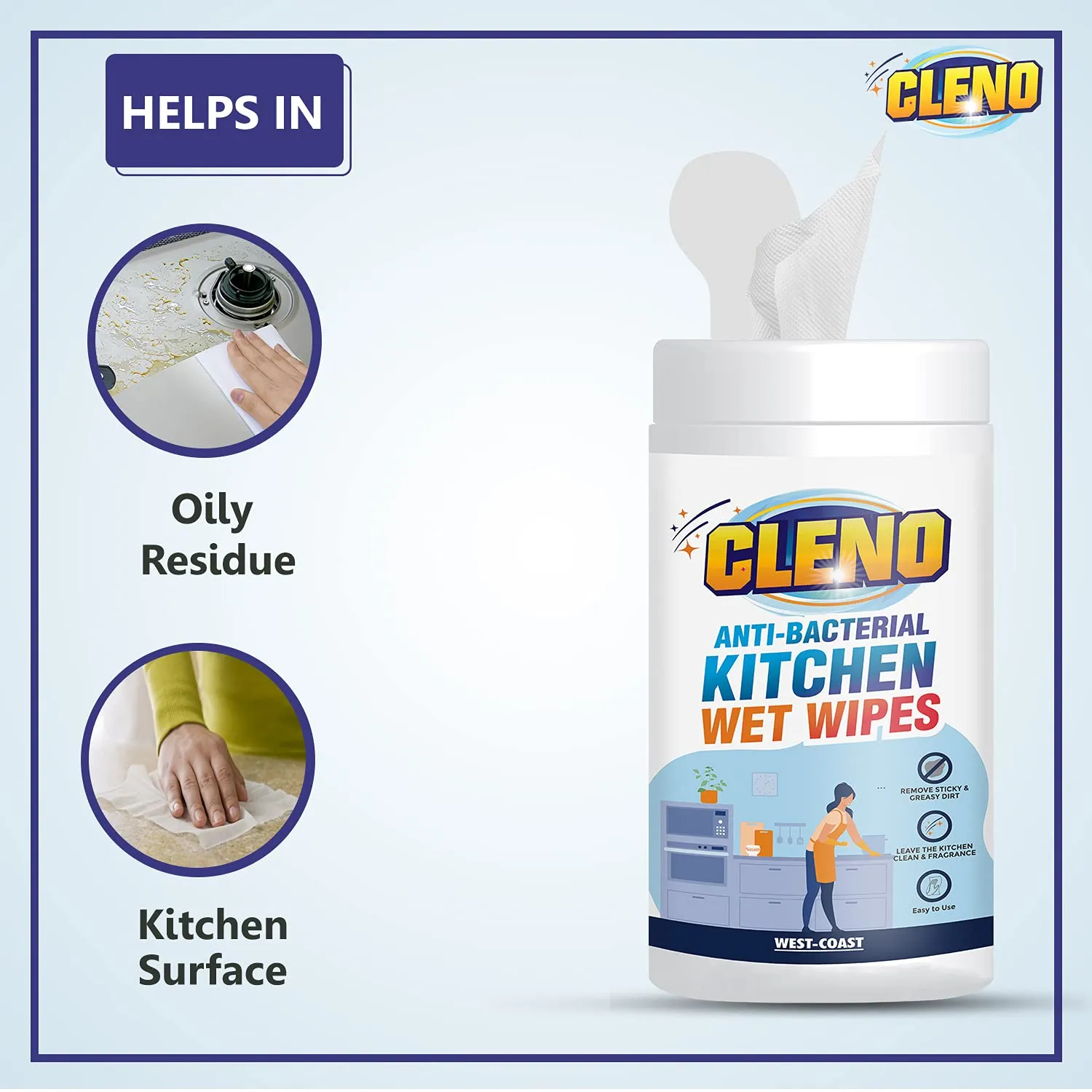 Cleno Kitchen Wet Wipes to Clean Sticky, Greasy Dirt on Platform, Shelves, Jars, Floor & Sink - 50 Wipes (Ready to Use) (Pack of 3)