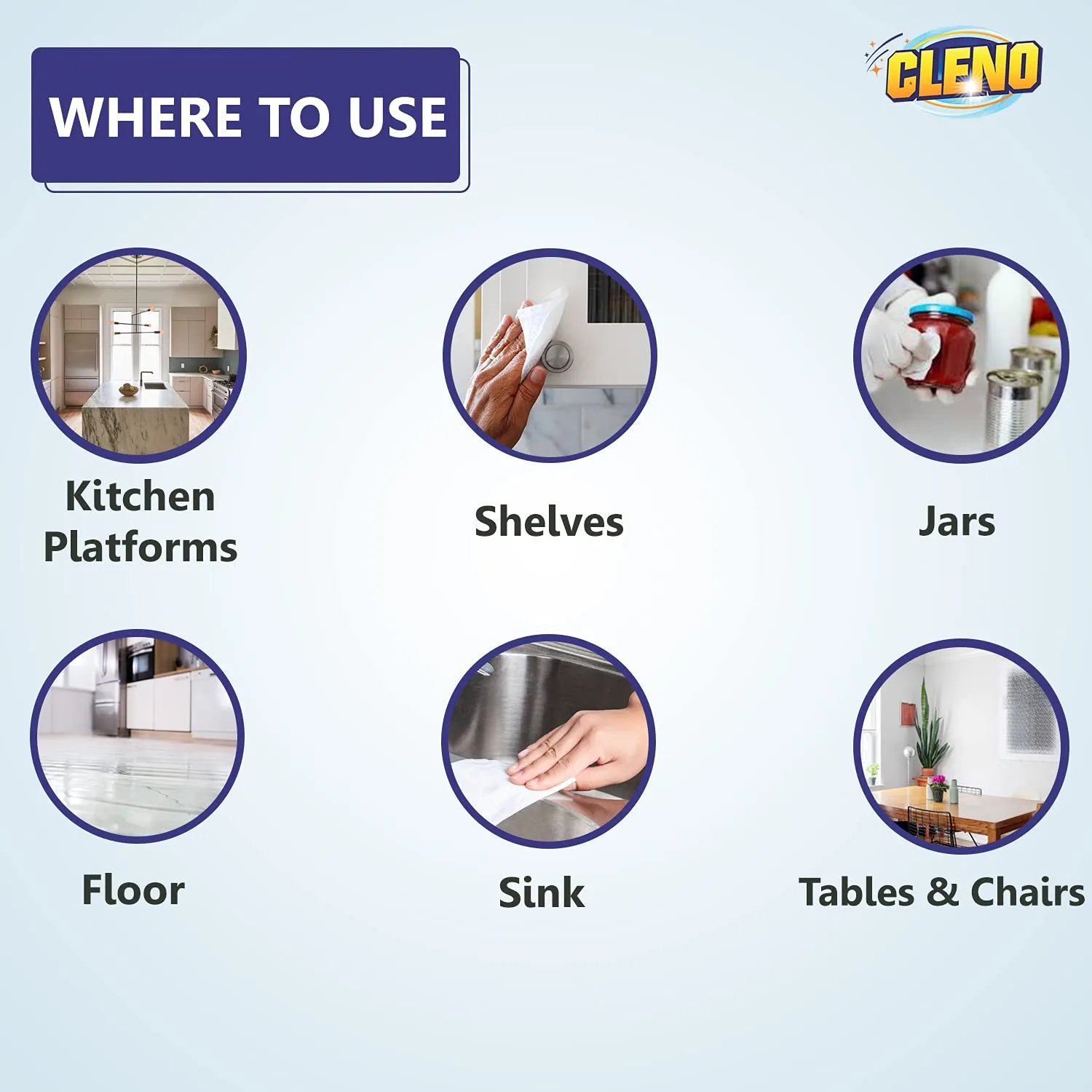 Cleno Kitchen Wet Wipes to Clean Sticky, Greasy Dirt on Platform, Shelves, Jars, Floor & Sink - 50 Wipes (Ready to Use) (Pack of 3)