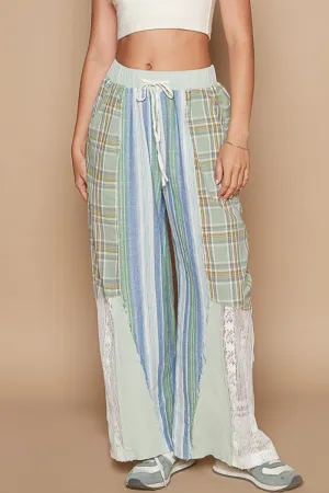 Drawstring Plaid Print Lace Straight Pants- POL