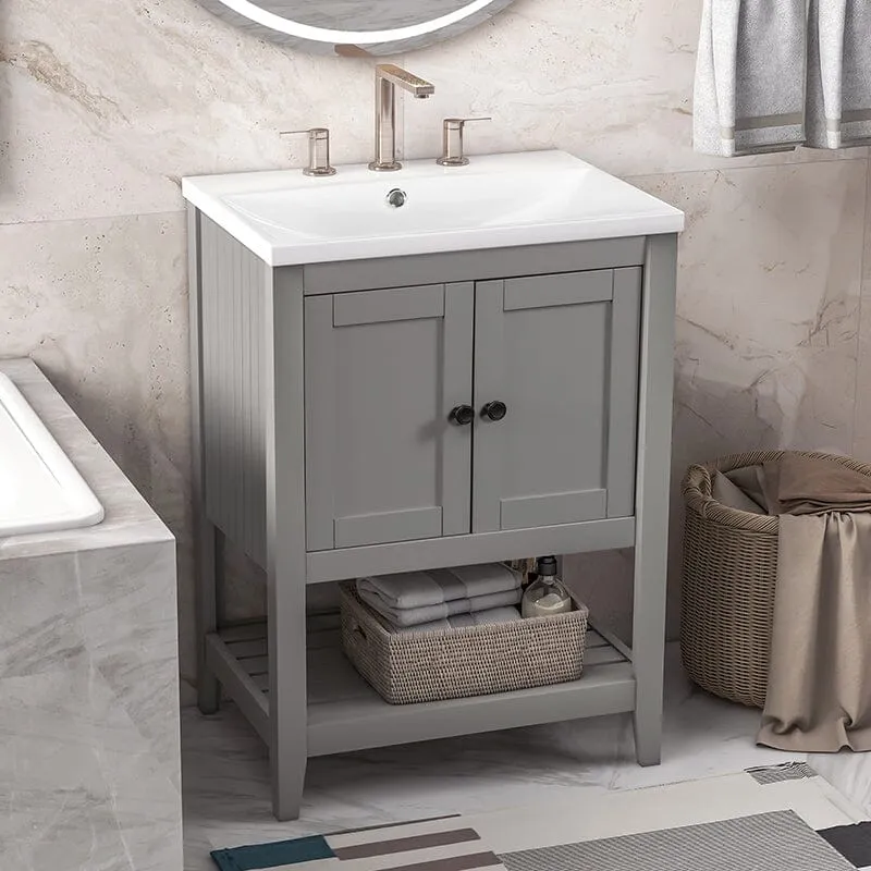 Giving Tree 24" Modern Freestanding Bathroom Vanity Ceramic Sink with Doors and Shelf