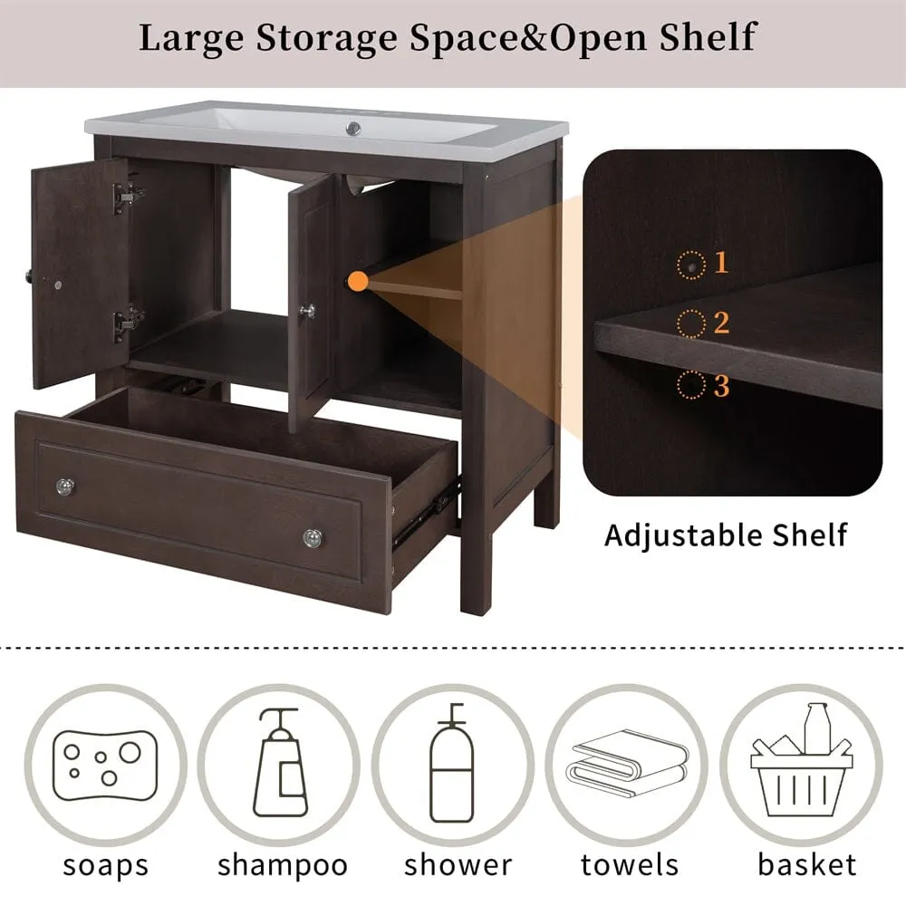 Giving Tree 30" Bathroom Vanity with Sink, Bathroom Storage Cabinet with Doors and Drawers, Solid Wood Frame, Ceramic Sink, Brown