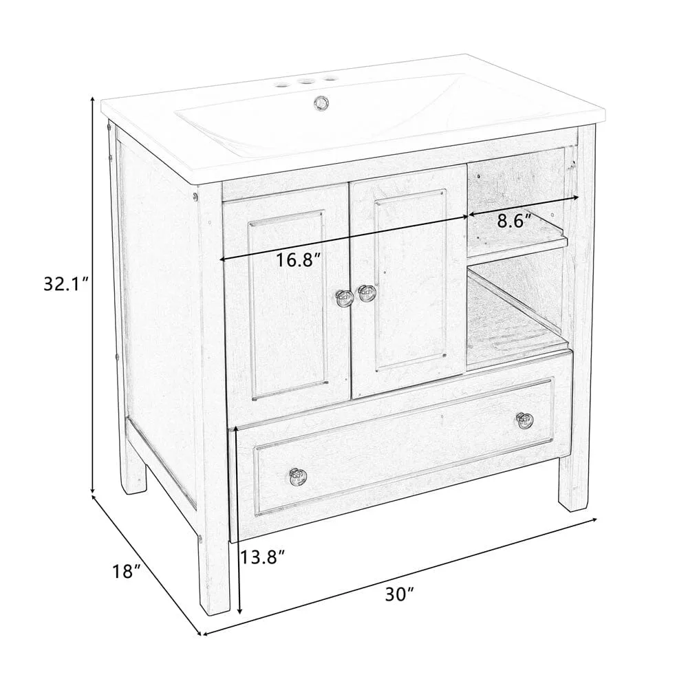 Giving Tree 30" Bathroom Vanity with Sink, Bathroom Storage Cabinet with Doors and Drawers, Solid Wood Frame, Ceramic Sink, Brown