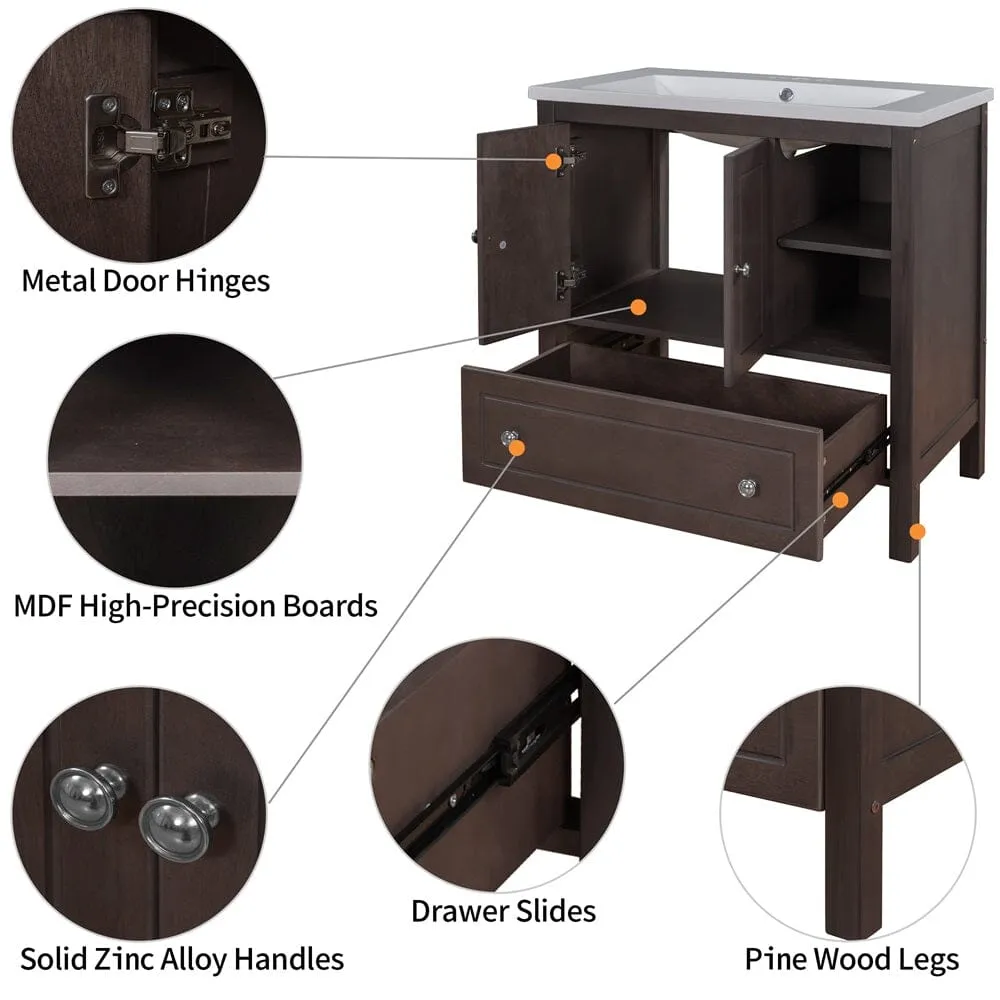 Giving Tree 30" Bathroom Vanity with Sink, Bathroom Storage Cabinet with Doors and Drawers, Solid Wood Frame, Ceramic Sink, Brown