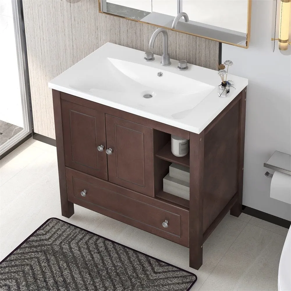 Giving Tree 30" Bathroom Vanity with Sink, Bathroom Storage Cabinet with Doors and Drawers, Solid Wood Frame, Ceramic Sink, Brown