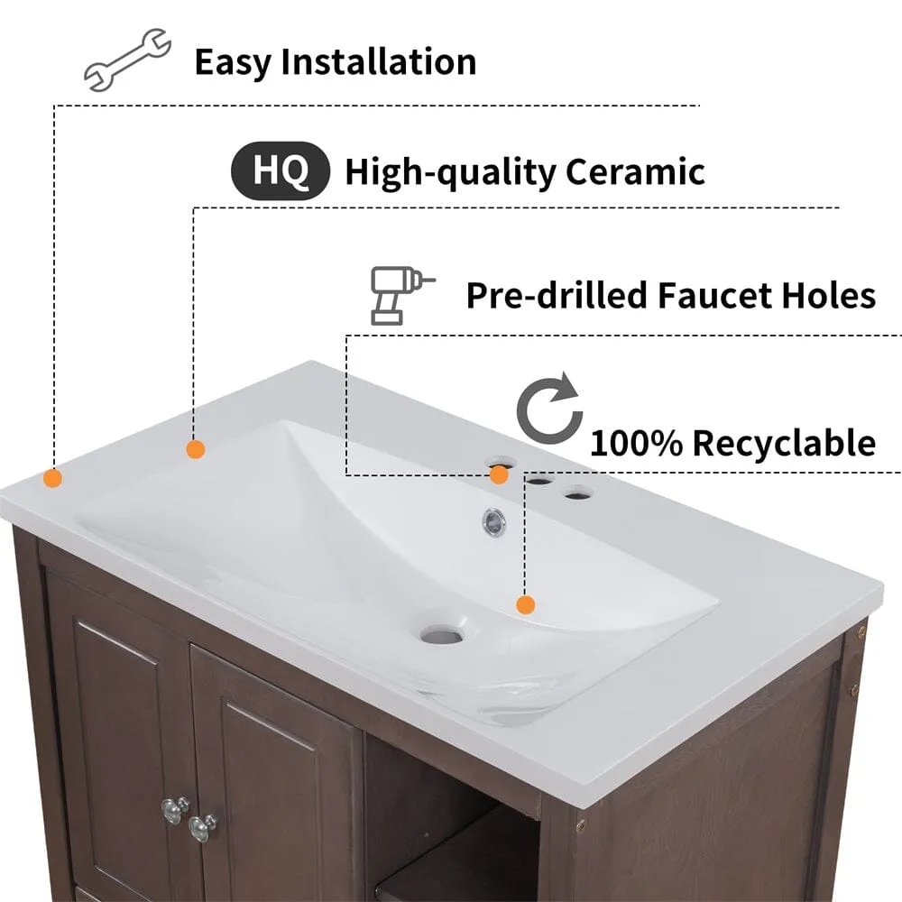 Giving Tree 30" Bathroom Vanity with Sink, Bathroom Storage Cabinet with Doors and Drawers, Solid Wood Frame, Ceramic Sink, Brown