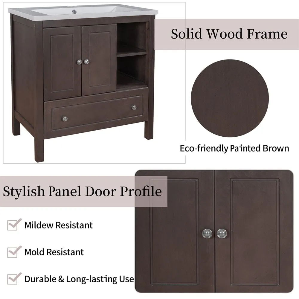 Giving Tree 30" Bathroom Vanity with Sink, Bathroom Storage Cabinet with Doors and Drawers, Solid Wood Frame, Ceramic Sink, Brown