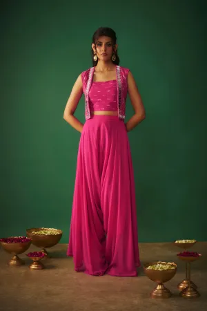 Magenta Pink Mirror Embroidered Choli, Dhoti And Crop Jacket Set