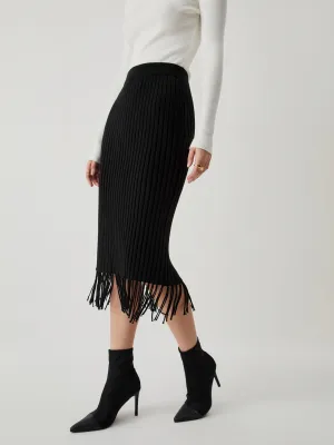 Middle Waist Ribbed Trendy Knit Tassel Midi Skirt