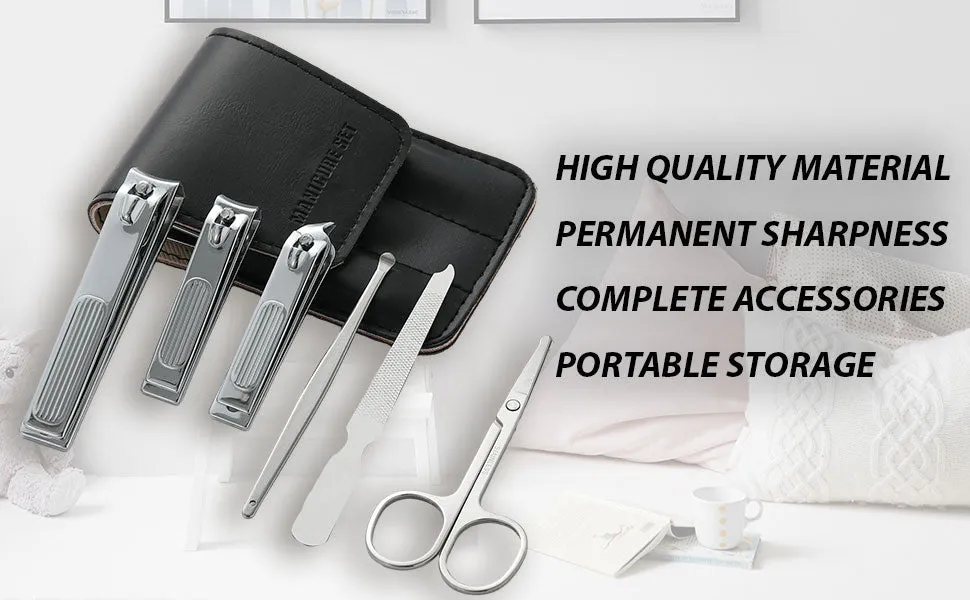 Nail Clipper Set, 6 Pcs - Toenail Clippers, Stainless Steel Fingernail Clipper, and PU Leather Manicure Set (Black)