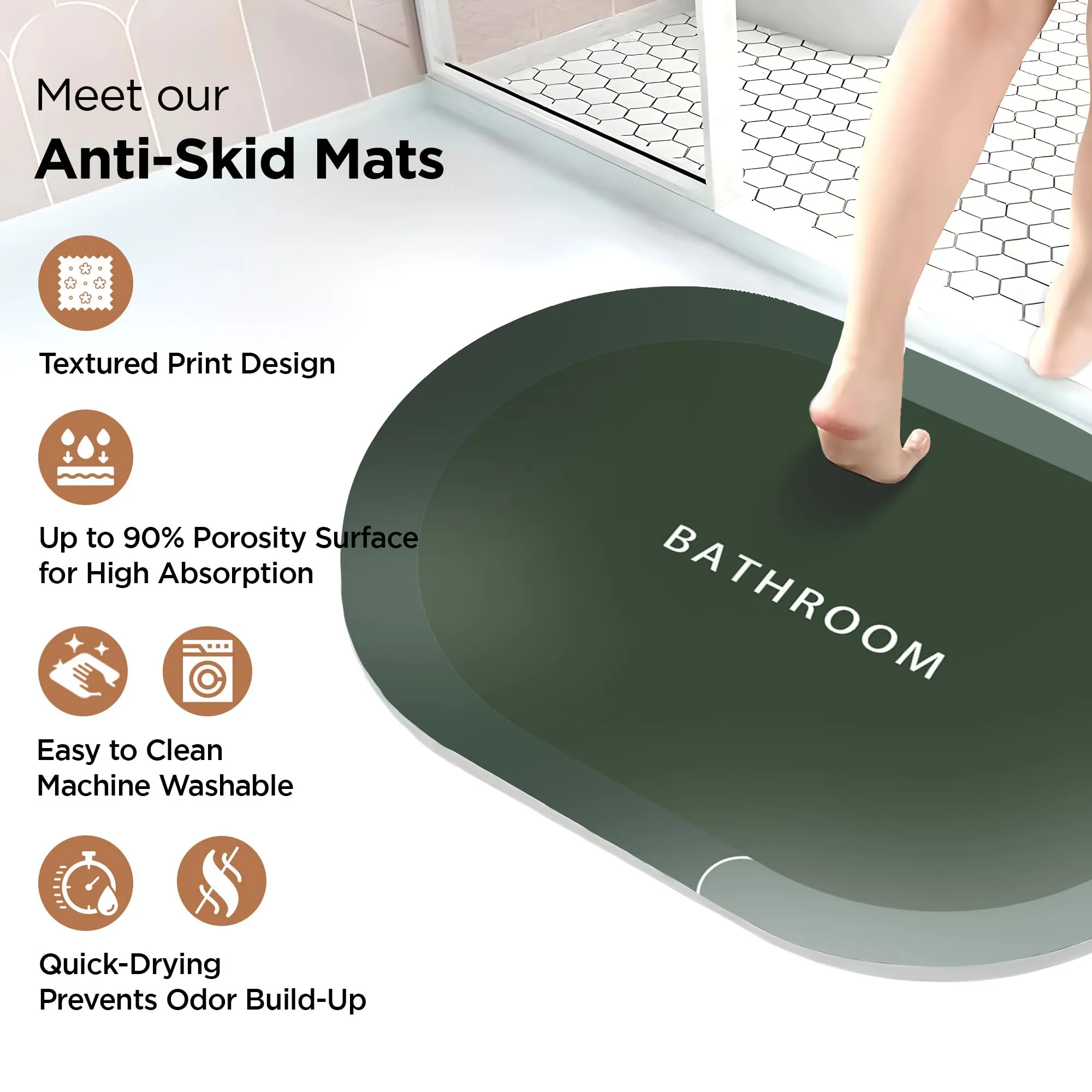 UMAI Polyester Rubber Bathroom Mat (40 * 60cm) Bath Mat | Anti Skid Mat for Bathroom Floor | Bathroom Accessories | Bathroom Mats Water Soak | Non Slip Mat for Bathroom | Floor Mat - Olive Green