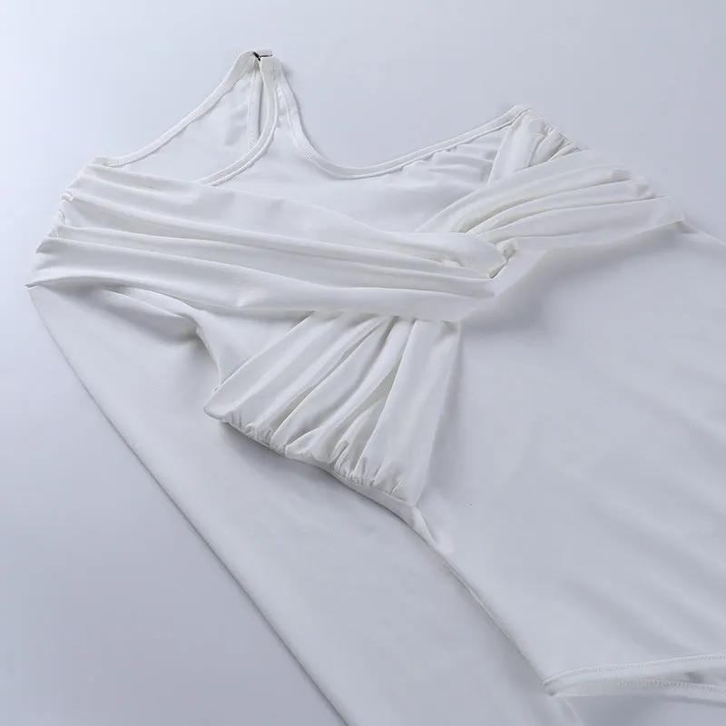 Women One-Shoulder Pleated White Bodysuit